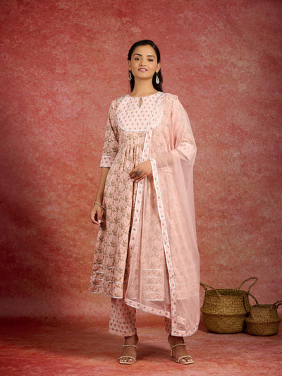 Peach Printed Cotton Anarkali Kurta With Trousers & Dupatta - ShopLibas