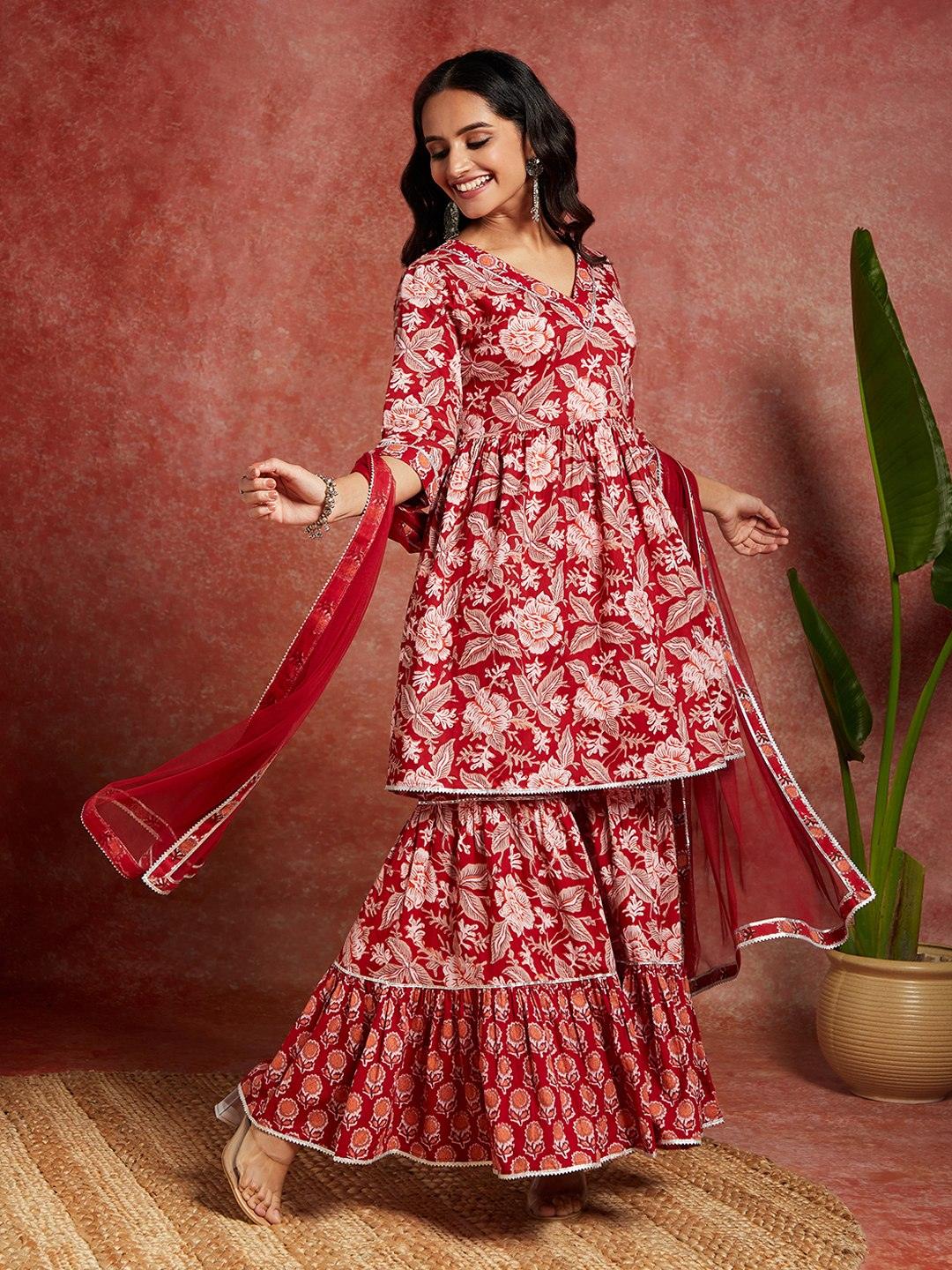 Maroon Printed Cotton A-Line Kurta With Sharara & Dupatta - ShopLibas
