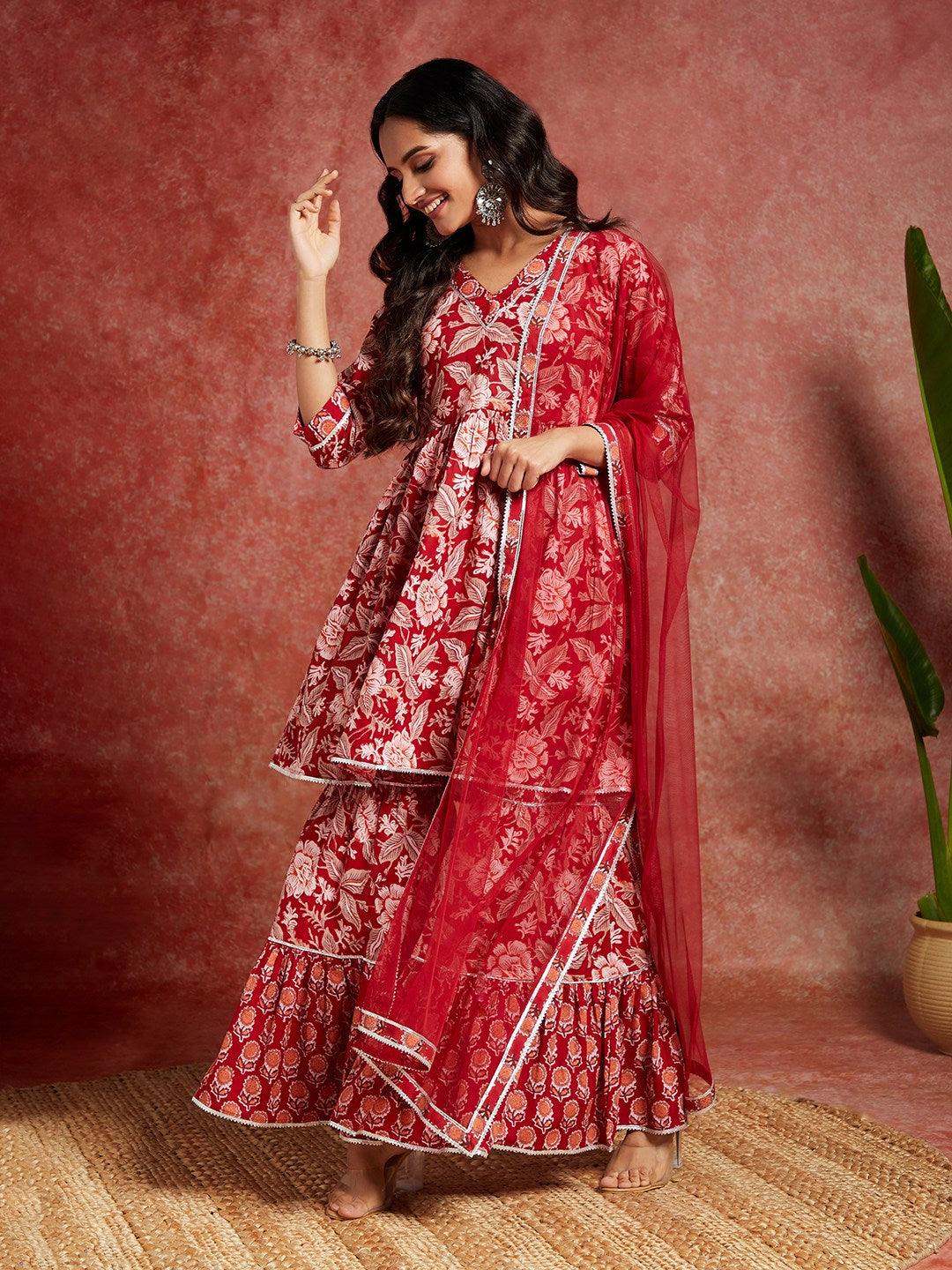 Maroon Printed Cotton A-Line Kurta With Sharara & Dupatta - ShopLibas