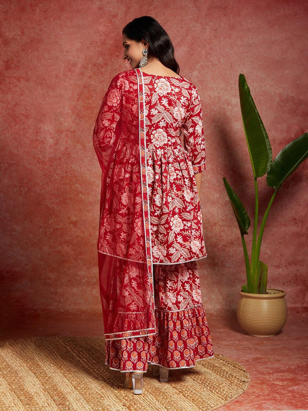 Maroon Printed Cotton A-Line Kurta With Sharara & Dupatta - ShopLibas