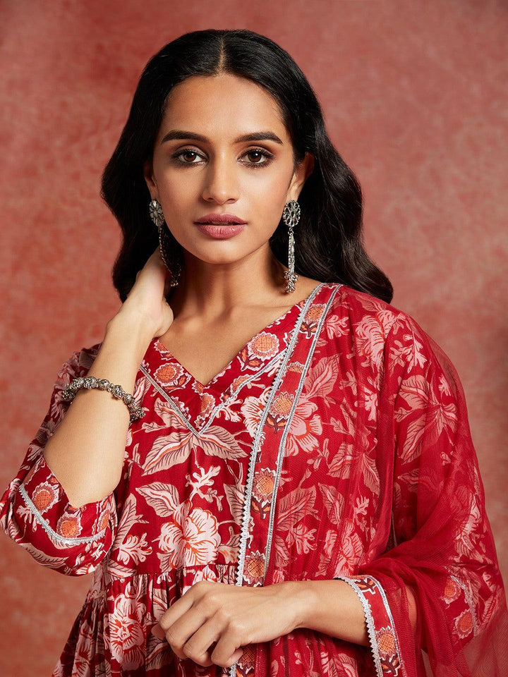 Maroon Printed Cotton A-Line Kurta With Sharara & Dupatta - ShopLibas