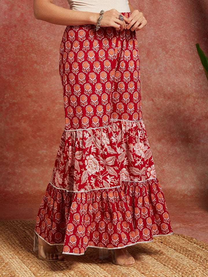 Maroon Printed Cotton A-Line Kurta With Sharara & Dupatta - ShopLibas