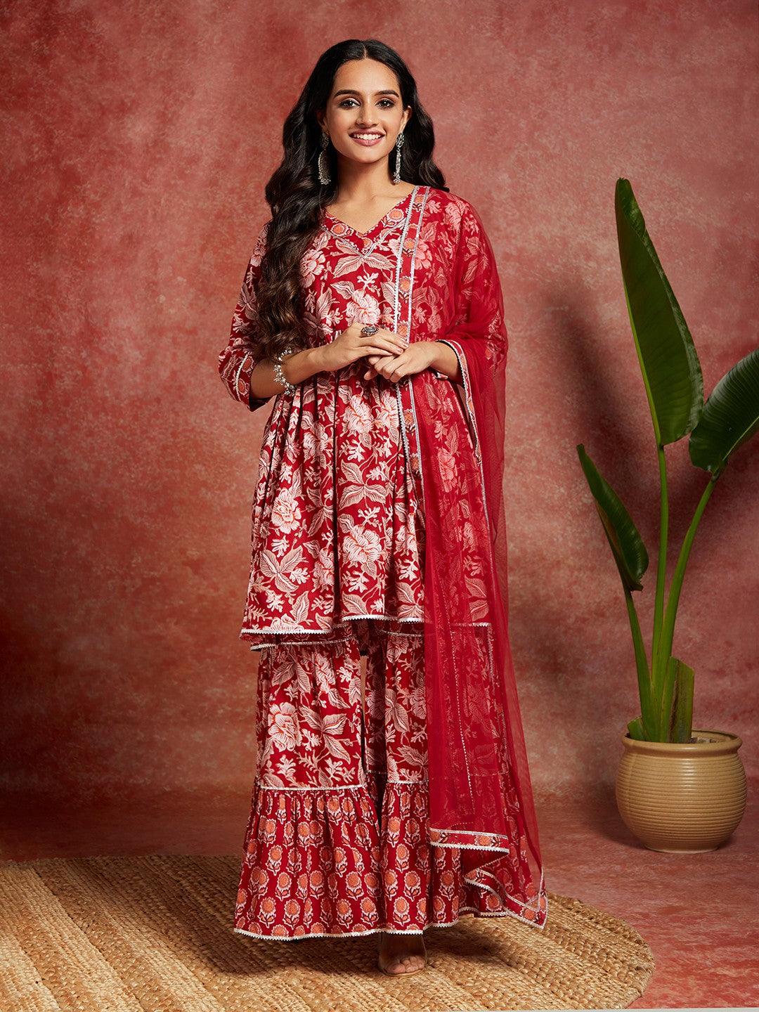Maroon Printed Cotton A-Line Kurta With Sharara & Dupatta - ShopLibas