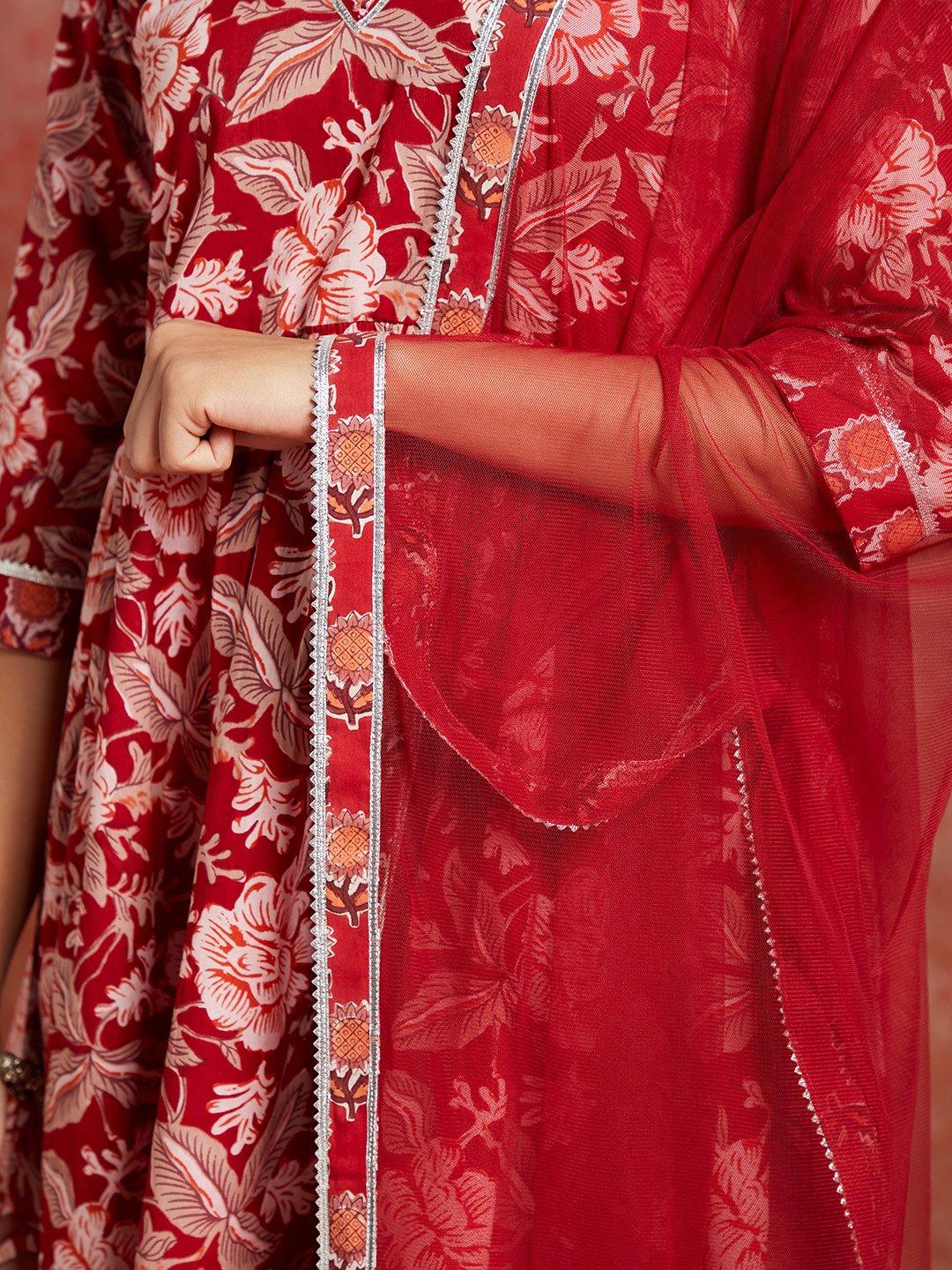 Maroon Printed Cotton A-Line Kurta With Sharara & Dupatta - ShopLibas