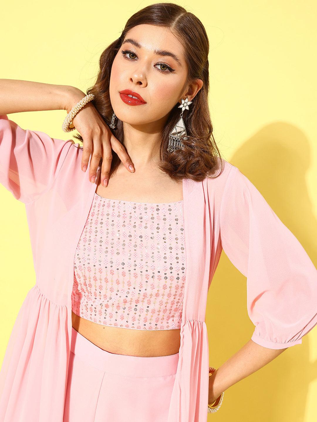Pink Embellished Georgette Co-Ords - ShopLibas 