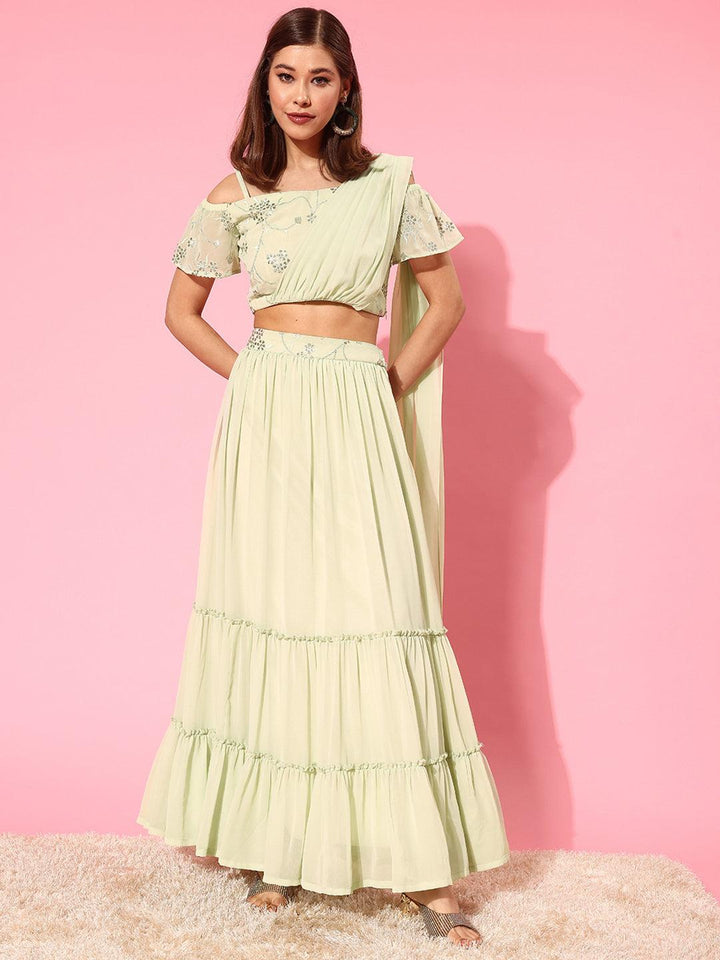 Green Embellished Georgette Lehenga Choli - ShopLibas