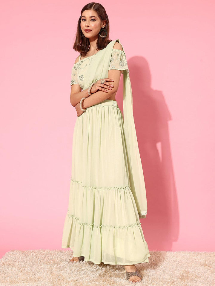 Green Embellished Georgette Lehenga Choli - ShopLibas
