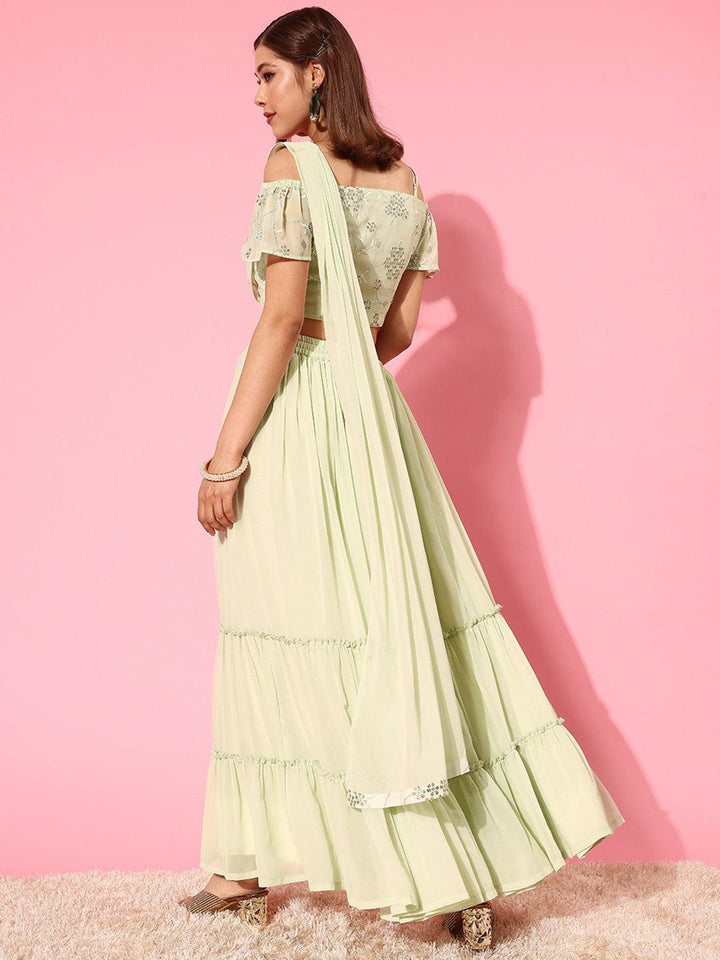 Green Embellished Georgette Lehenga Choli - ShopLibas