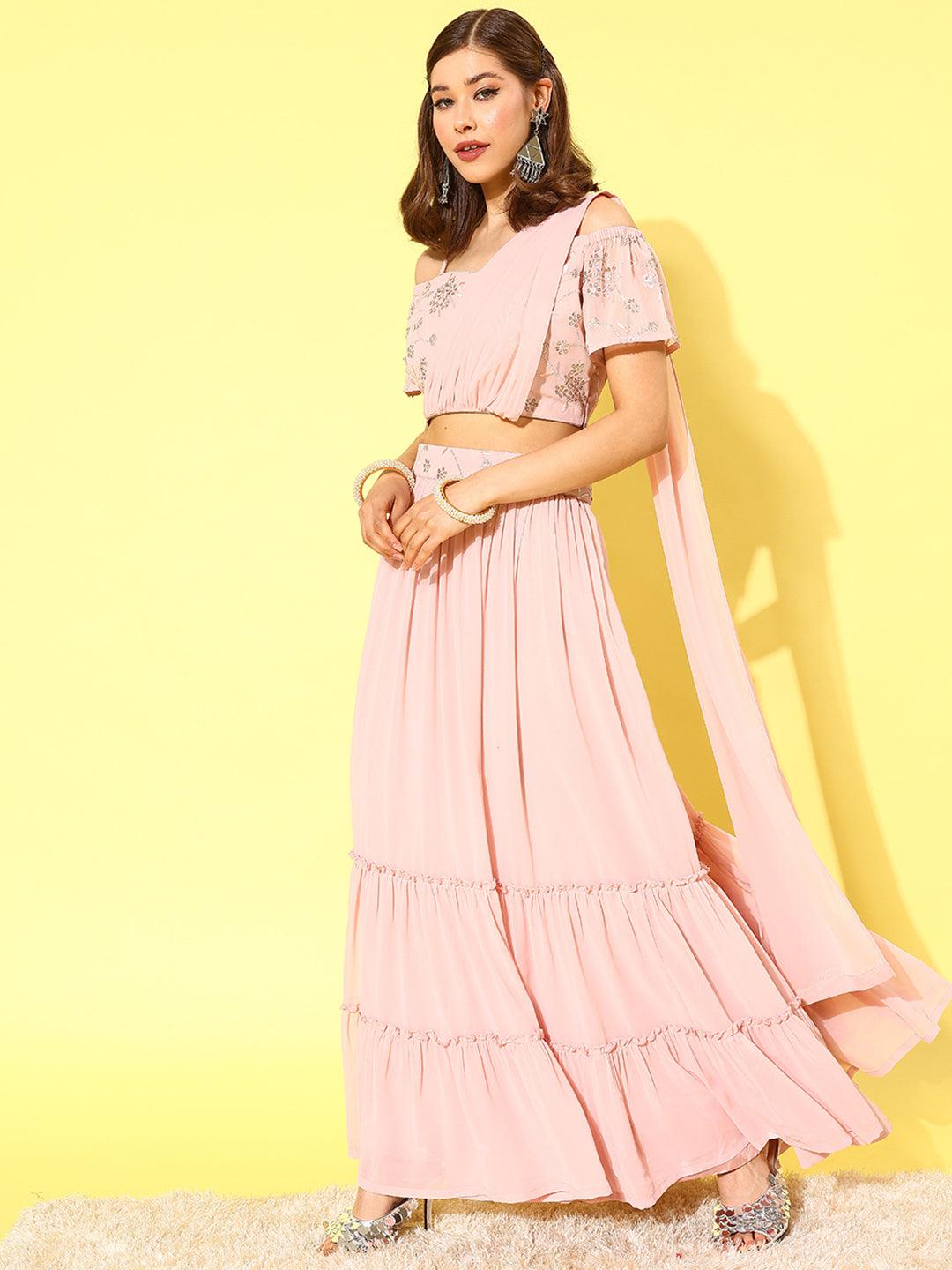 Pink Embellished Georgette Lehenga Choli - ShopLibas 