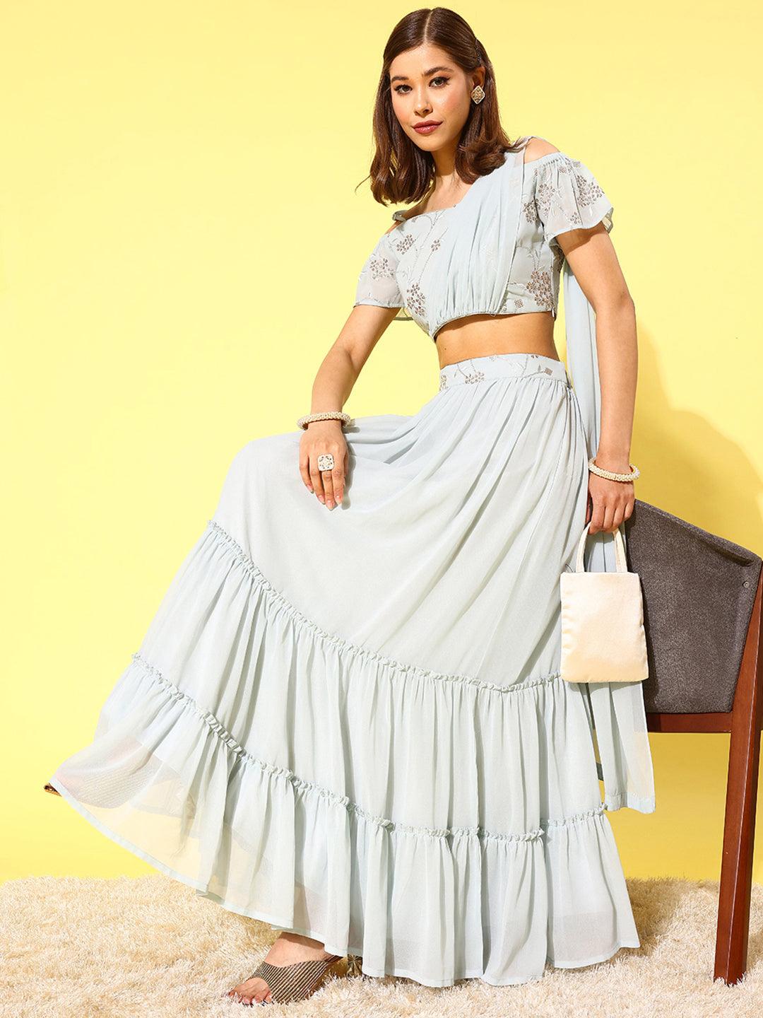 Blue Embellished Georgette Lehenga Choli - ShopLibas 