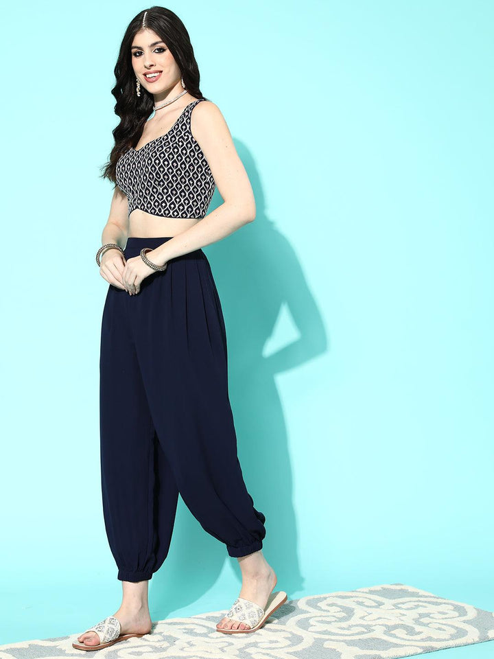Navy Blue Embellished Georgette Top With Salwar & Shrug - ShopLibas