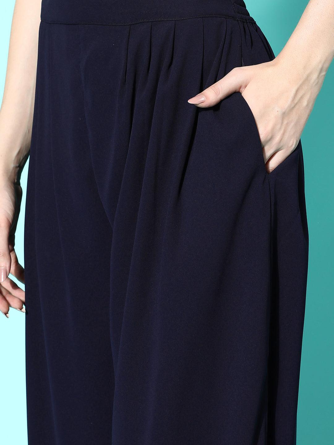 Navy Blue Embellished Georgette Top With Salwar & Shrug - ShopLibas
