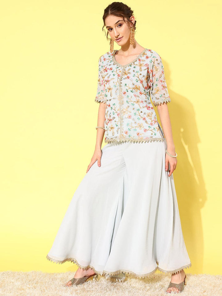 Blue Embroidered Georgette Straight Kurta With Palazzos & Dupatta - ShopLibas