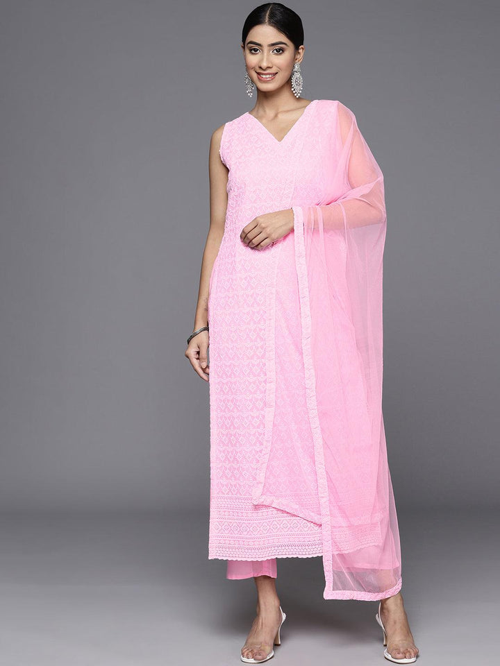 Pink Embroidered Georgette Straight Kurta With Trousers & Dupatta