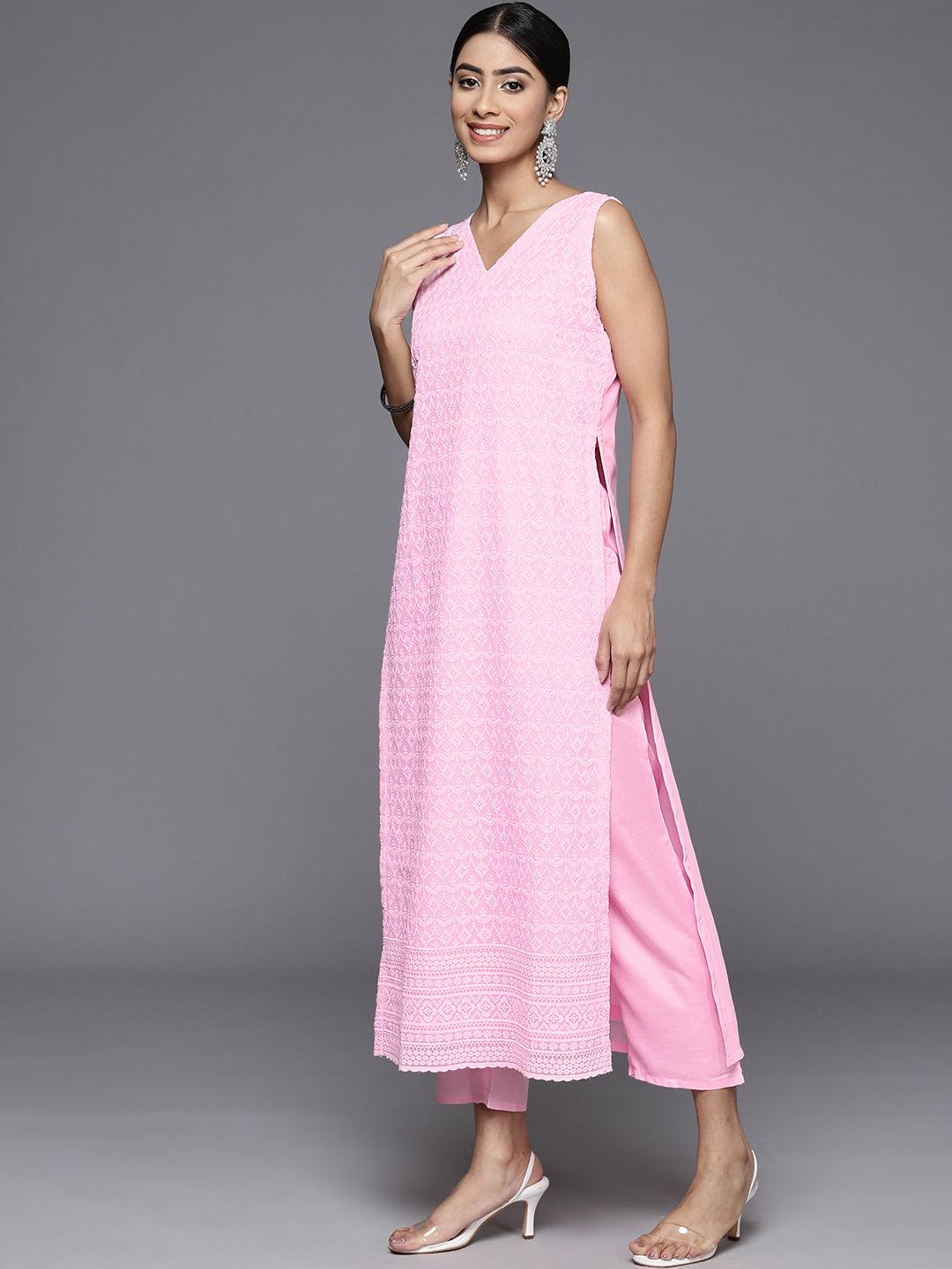 Pink Embroidered Georgette Straight Kurta With Trousers & Dupatta - ShopLibas 