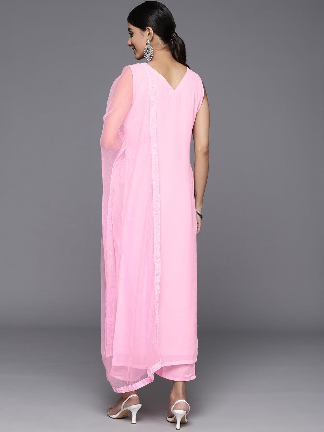 Pink Embroidered Georgette Straight Kurta With Trousers & Dupatta - ShopLibas 