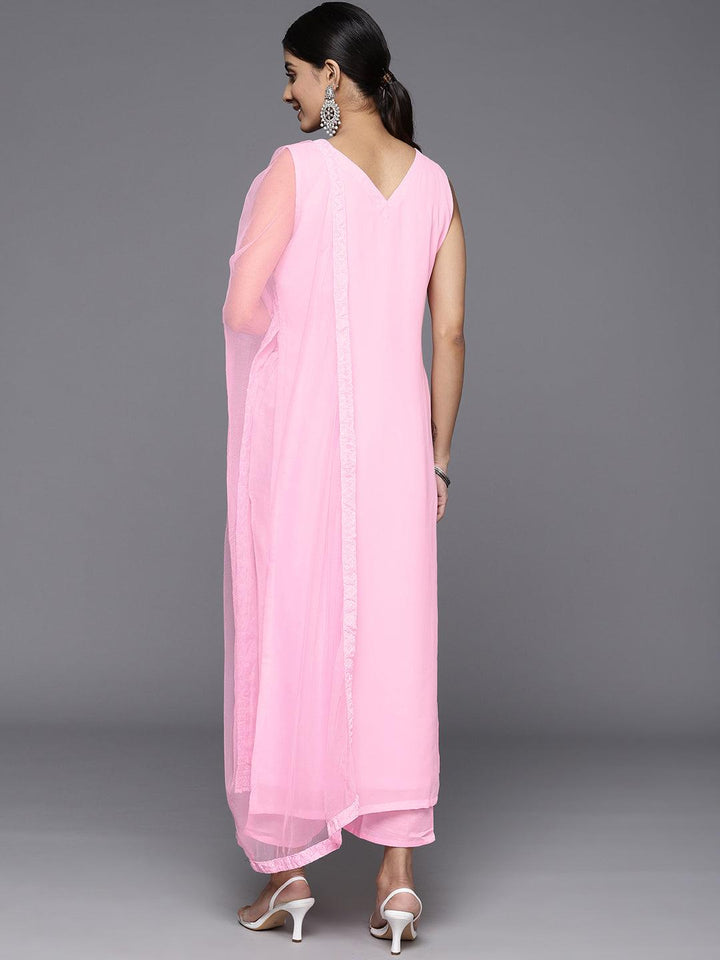 Pink Embroidered Georgette Straight Kurta With Trousers & Dupatta