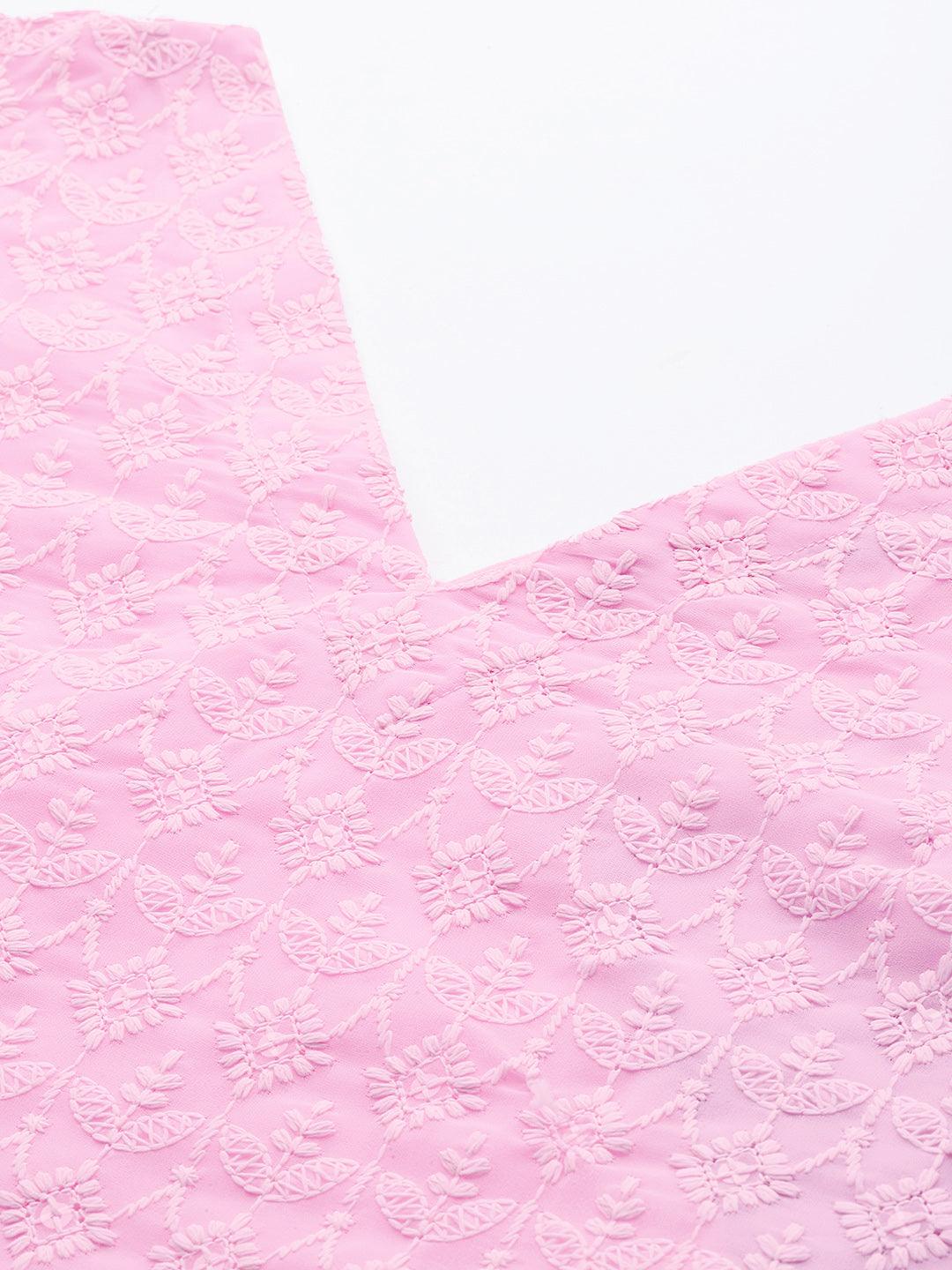 Pink Embroidered Georgette Straight Kurta With Trousers & Dupatta - ShopLibas 