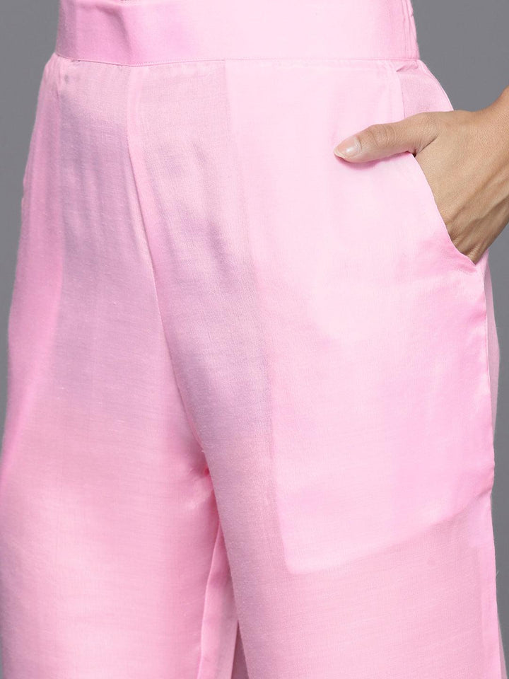 Pink Embroidered Georgette Straight Kurta With Trousers & Dupatta