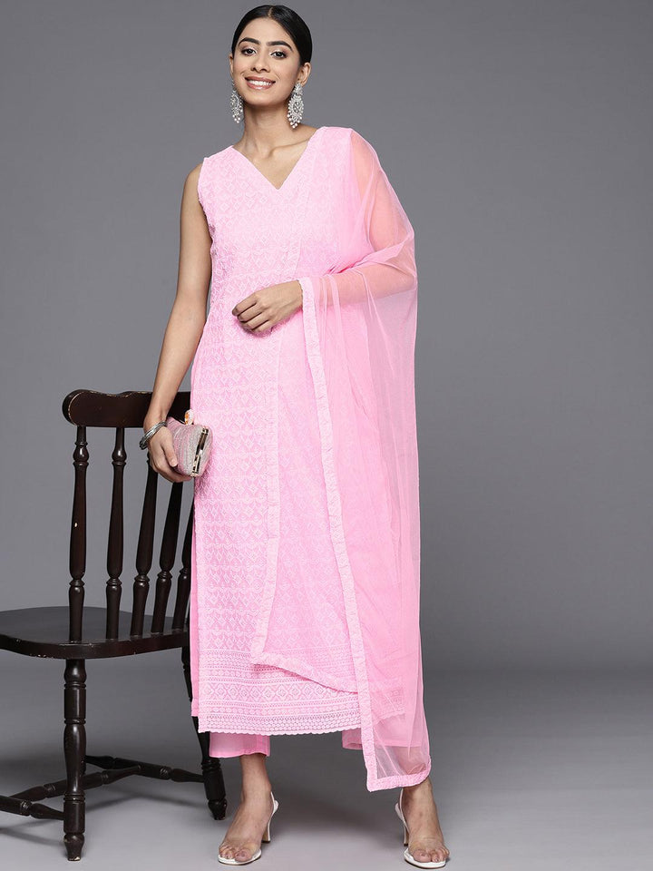 Pink Embroidered Georgette Straight Kurta With Trousers & Dupatta