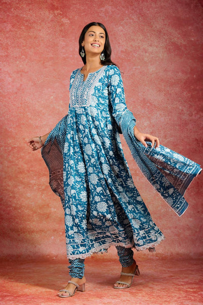 Blue Printed Cotton Anarkali Kurta With Churidar & Dupatta - ShopLibas