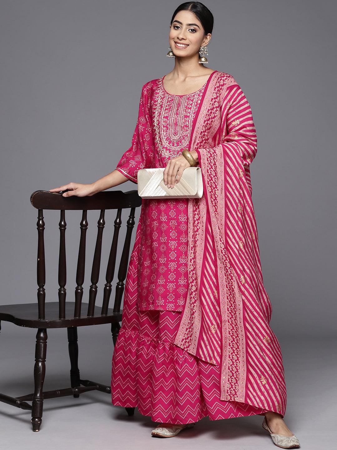Magenta Yoke Design Silk Blend Straight Kurta With Skirt & Dupatta - ShopLibas 