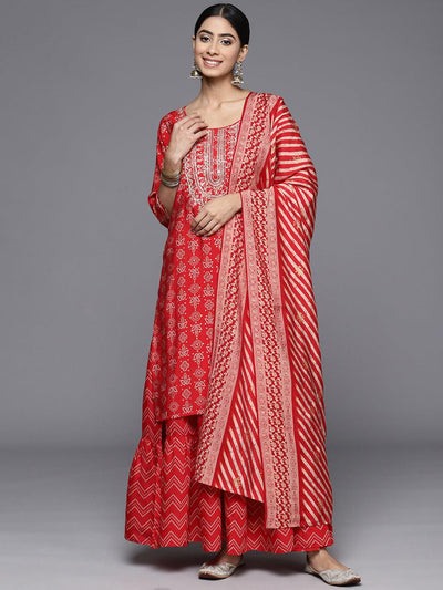 Red Yoke Design Silk Blend Straight Kurta With Skirt & Dupatta - ShopLibas