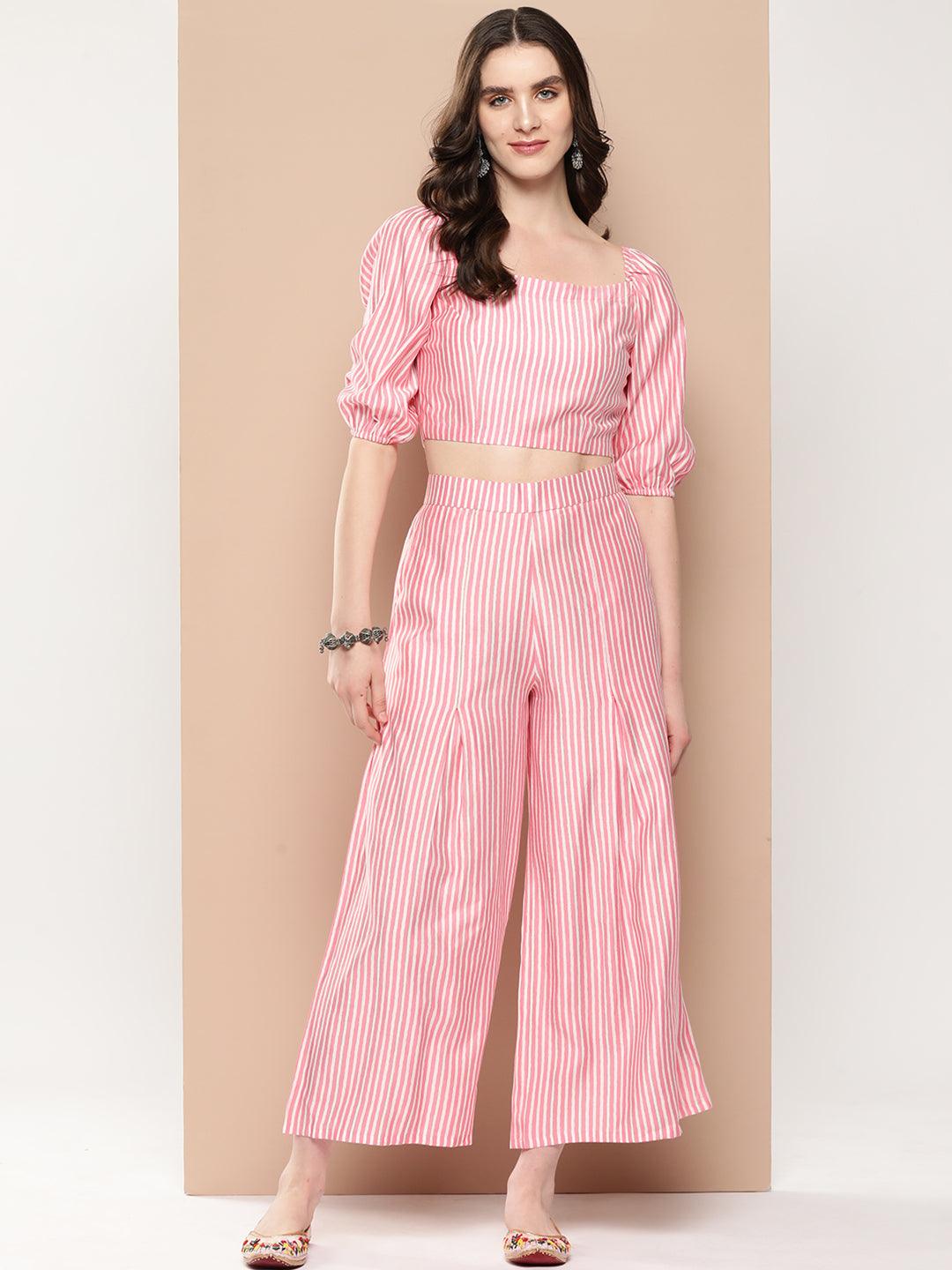 Pink Striped Polyester Top With Palazzos - ShopLibas 