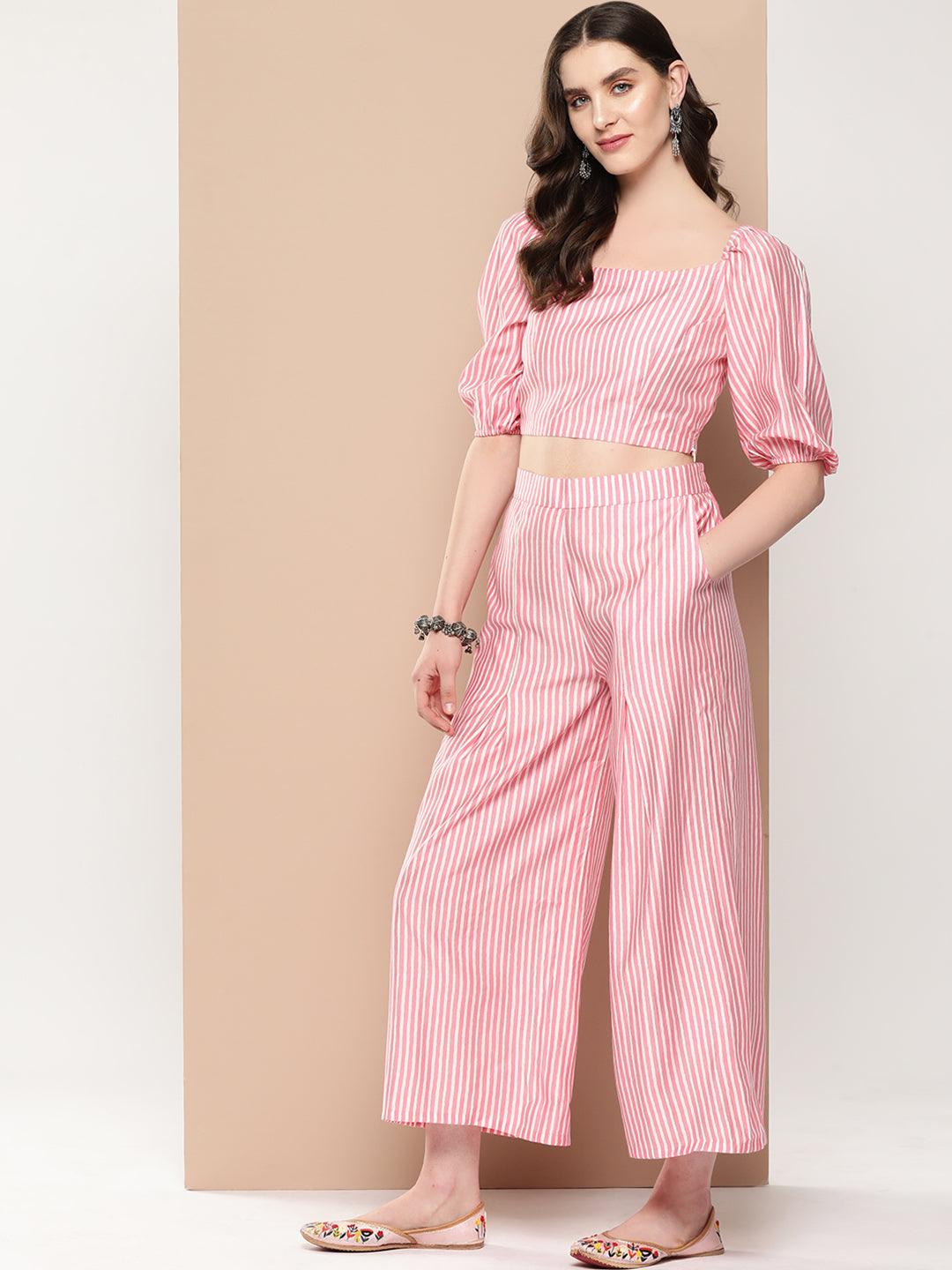 Pink Striped Polyester Top With Palazzos - ShopLibas 