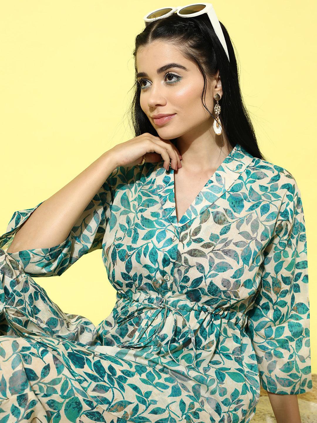 Beige Printed Cotton Top With Trousers - ShopLibas 