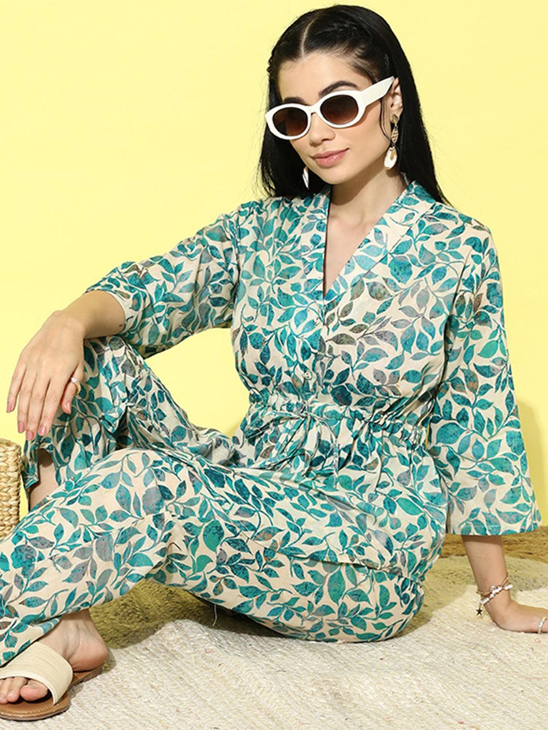 Beige Printed Cotton Top With Trousers - ShopLibas 