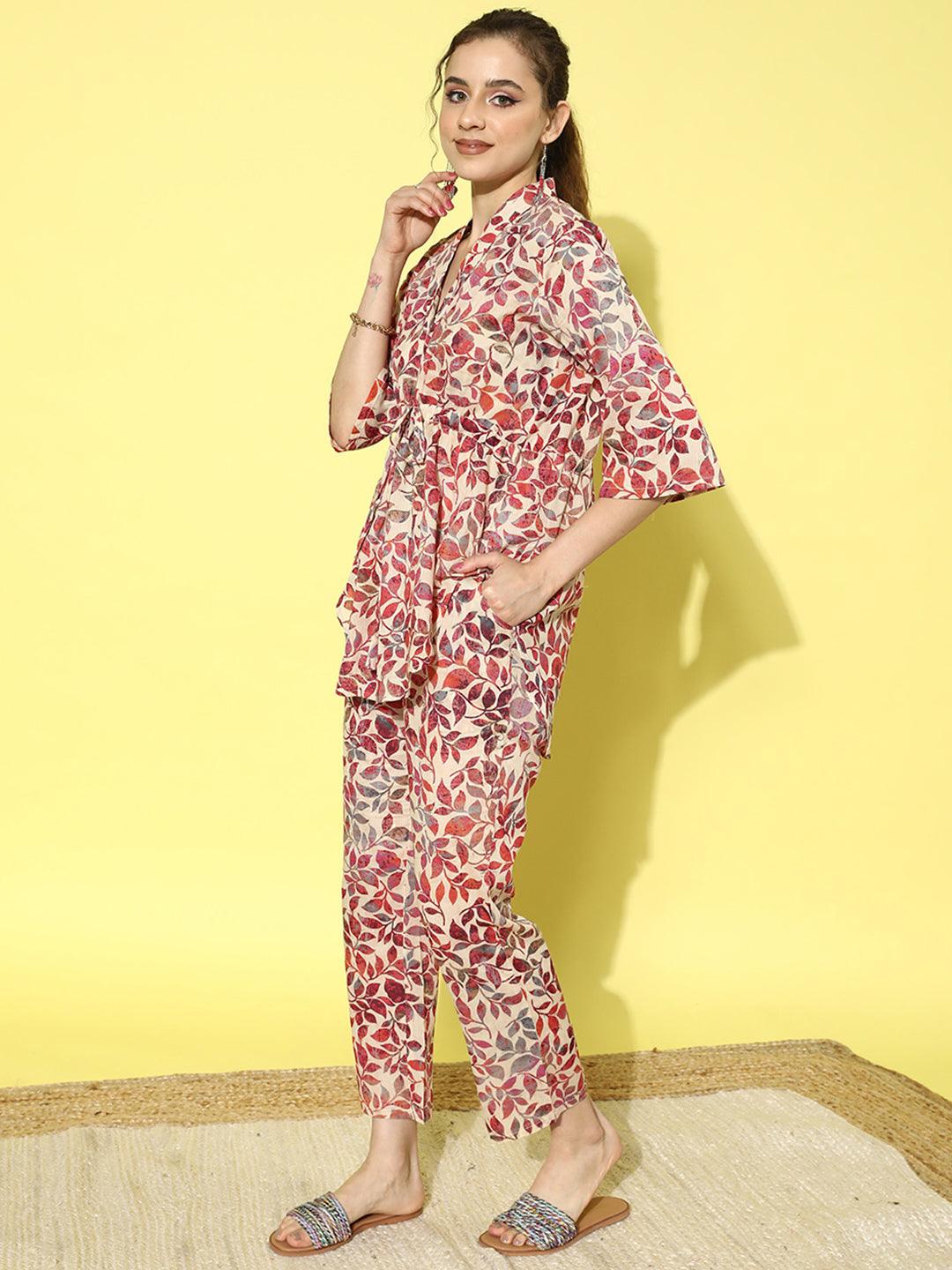 Beige Printed Cotton Top With Trousers - ShopLibas 