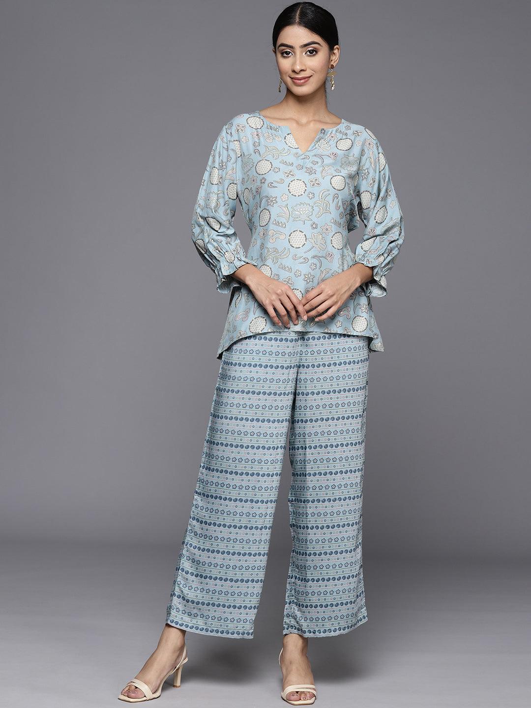 Blue Printed Silk Blend Co-Ords - ShopLibas 