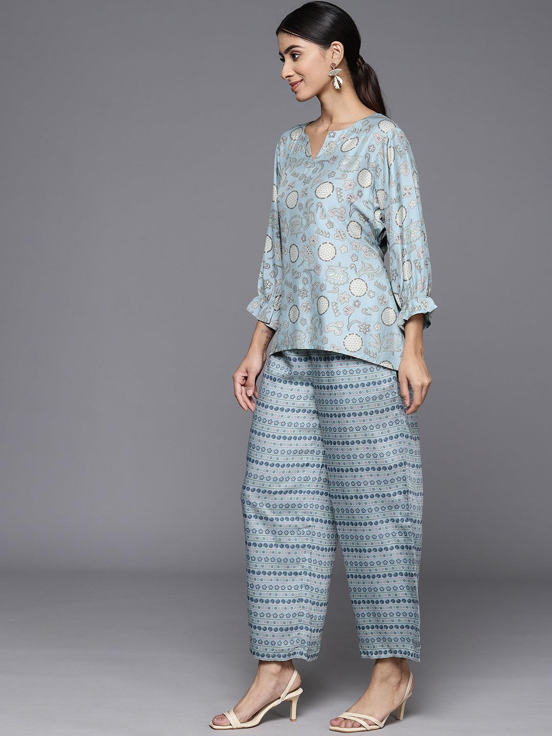 Blue Printed Silk Blend Co-Ords - ShopLibas 