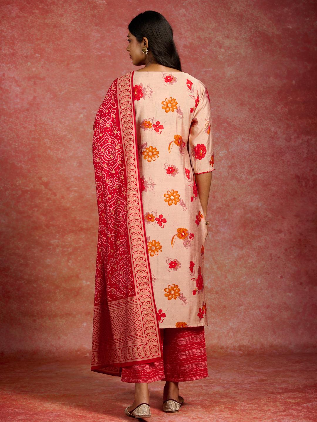 Red Printed Silk Blend Straight Kurta With Palazzos & Dupatta - ShopLibas