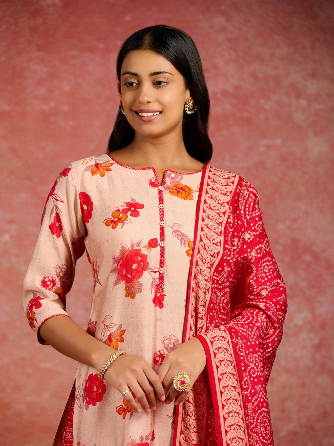 Red Printed Silk Blend Straight Kurta With Palazzos & Dupatta - ShopLibas