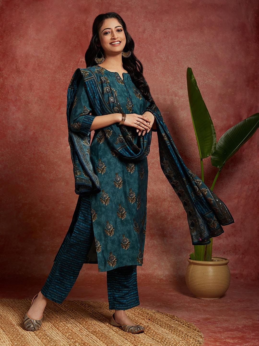 Blue Printed Silk Blend Straight Kurta With Trousers & Dupatta - ShopLibas