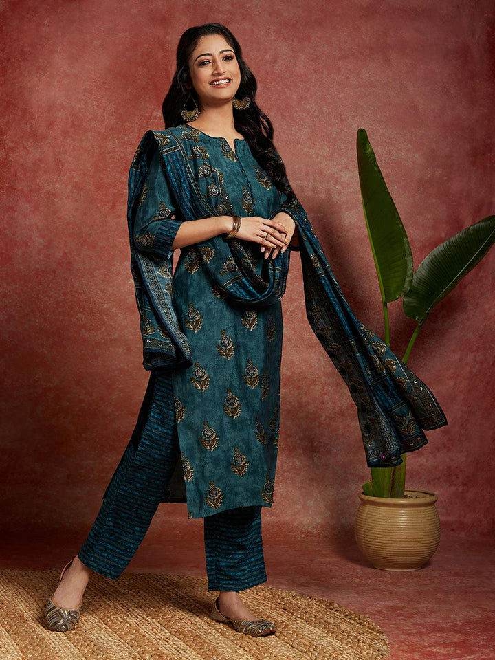 Blue Printed Silk Blend Straight Kurta With Trousers & Dupatta - ShopLibas