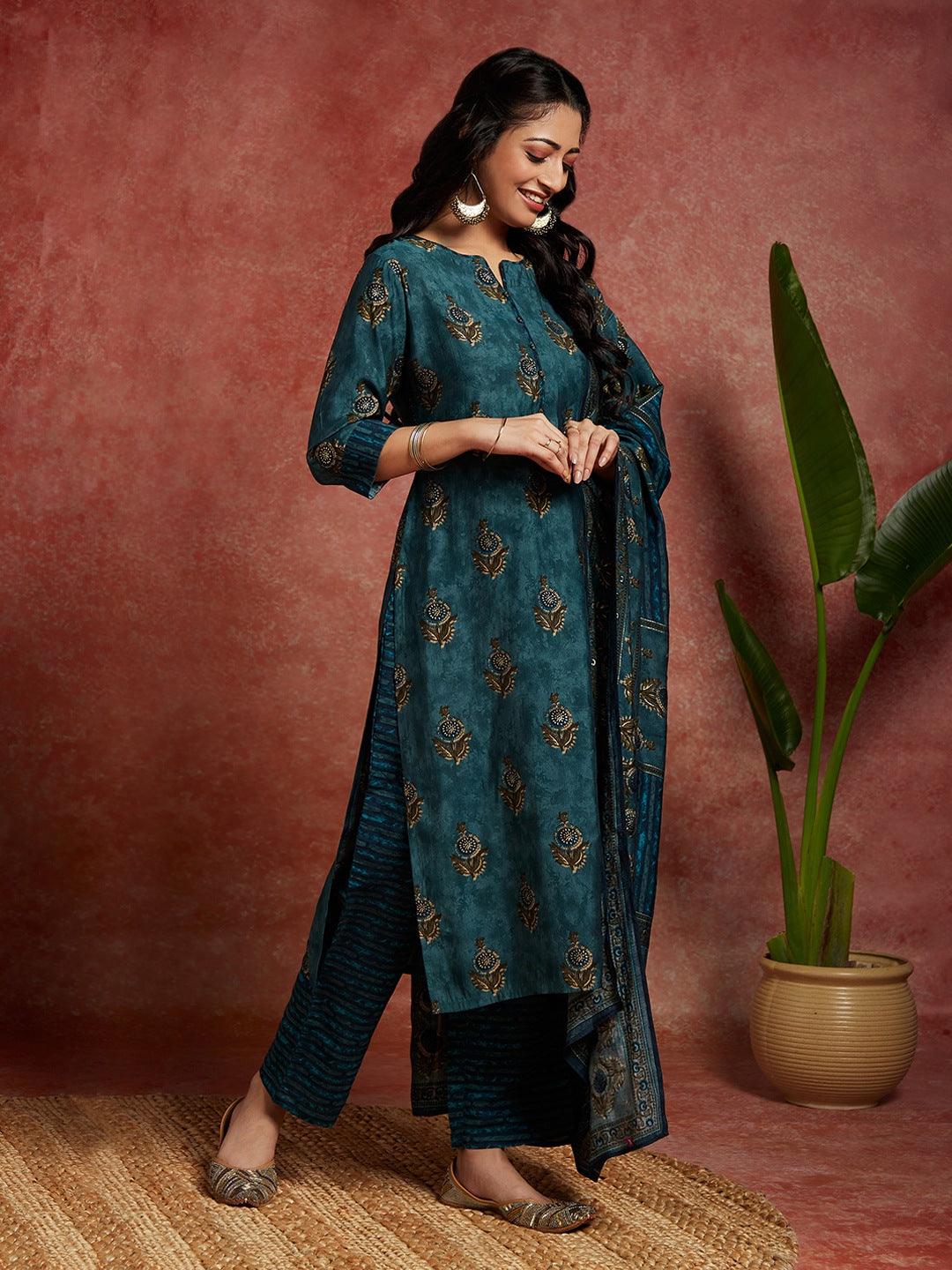 Blue Printed Silk Blend Straight Kurta With Trousers & Dupatta - ShopLibas