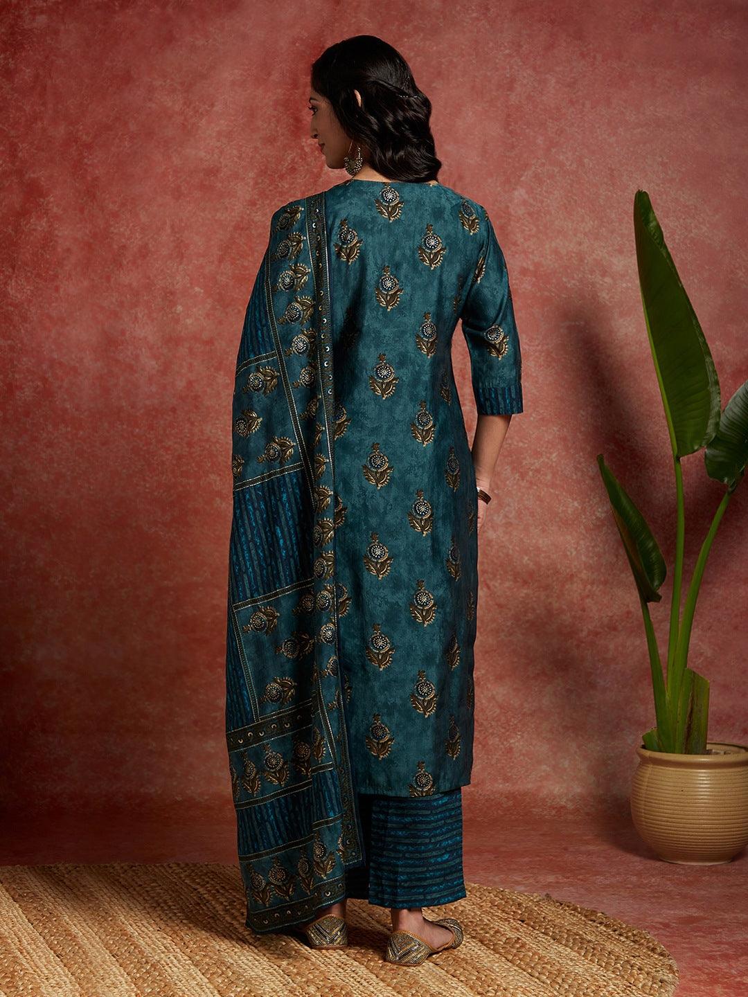 Blue Printed Silk Blend Straight Kurta With Trousers & Dupatta - ShopLibas
