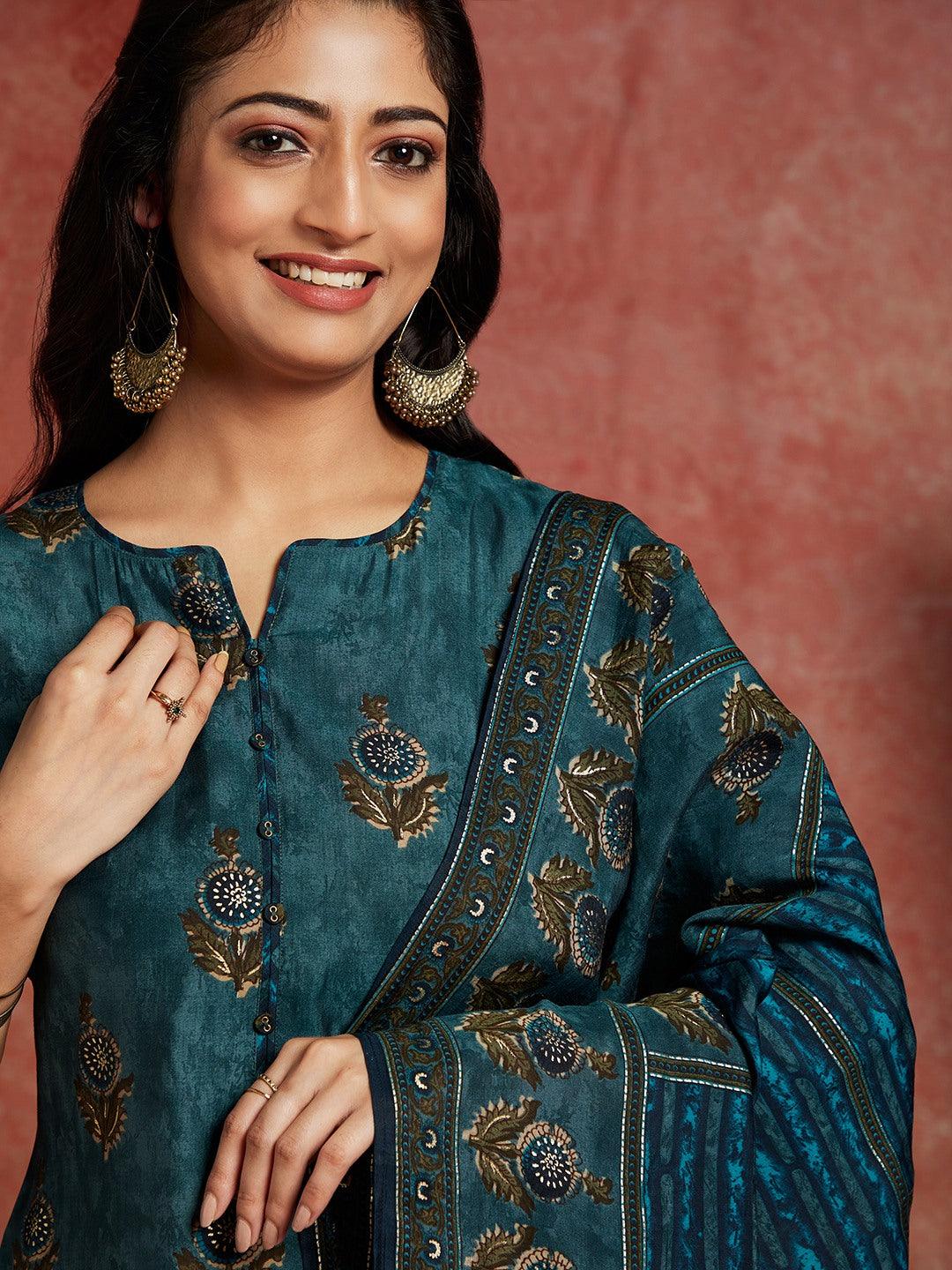 Blue Printed Silk Blend Straight Kurta With Trousers & Dupatta - ShopLibas