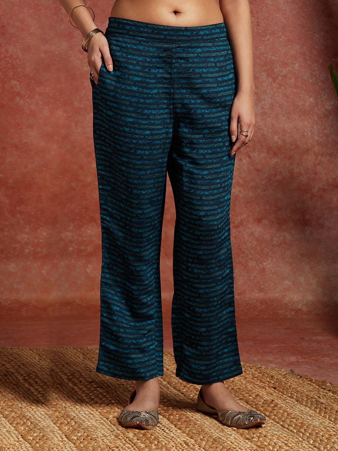 Blue Printed Silk Blend Straight Kurta With Trousers & Dupatta - ShopLibas