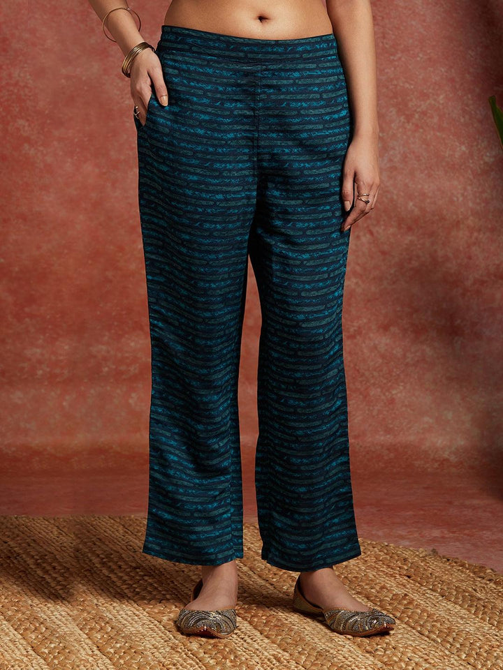 Blue Printed Silk Blend Straight Kurta With Trousers & Dupatta - ShopLibas