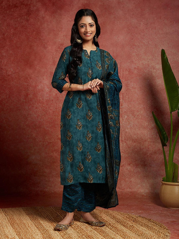 Blue Printed Silk Blend Straight Kurta With Trousers & Dupatta - ShopLibas