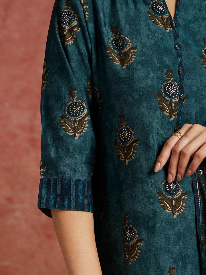 Blue Printed Silk Blend Straight Kurta With Trousers & Dupatta - ShopLibas