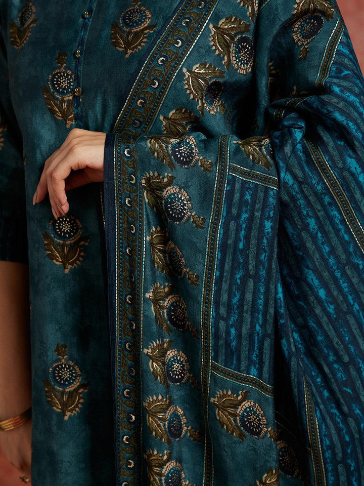 Blue Printed Silk Blend Straight Kurta With Trousers & Dupatta - ShopLibas