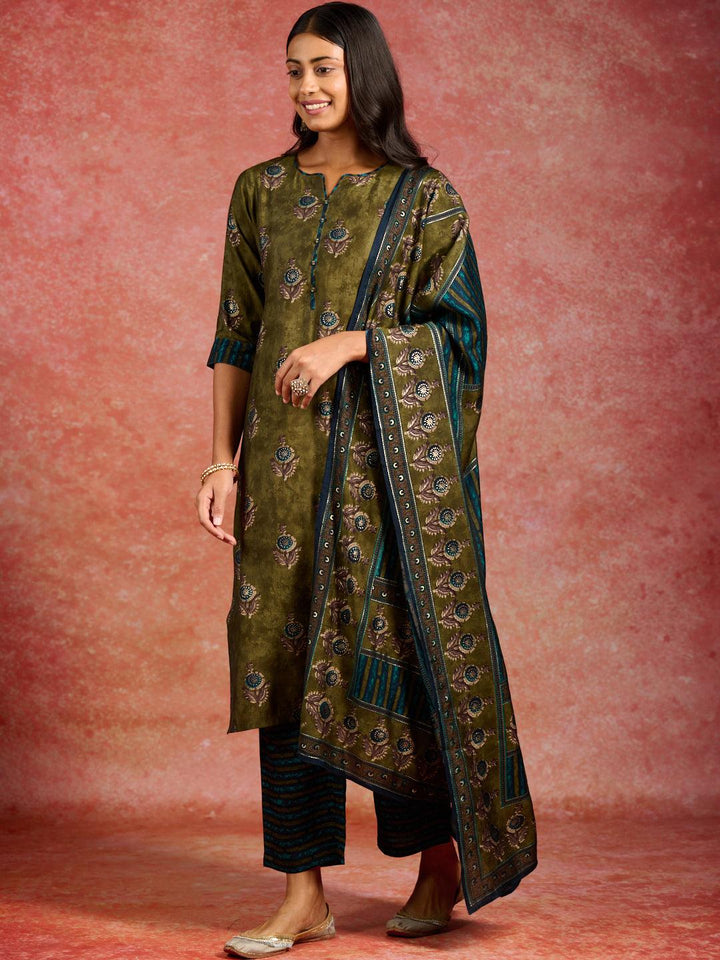 Olive Printed Silk Blend Straight Kurta With Trousers & Dupatta - ShopLibas