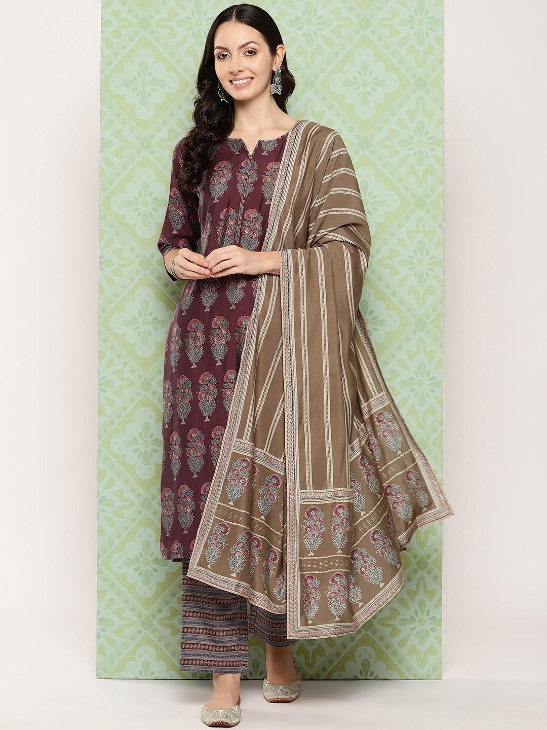 Maroon Printed Silk Blend Straight Kurta With Trousers & Dupatta - ShopLibas 