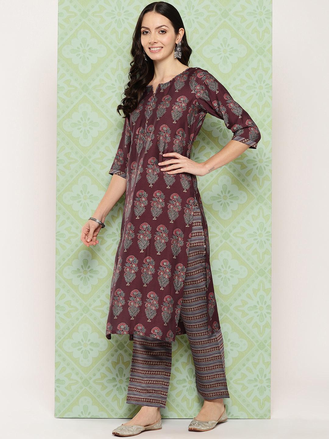 Maroon Printed Silk Blend Straight Kurta With Trousers & Dupatta - ShopLibas 