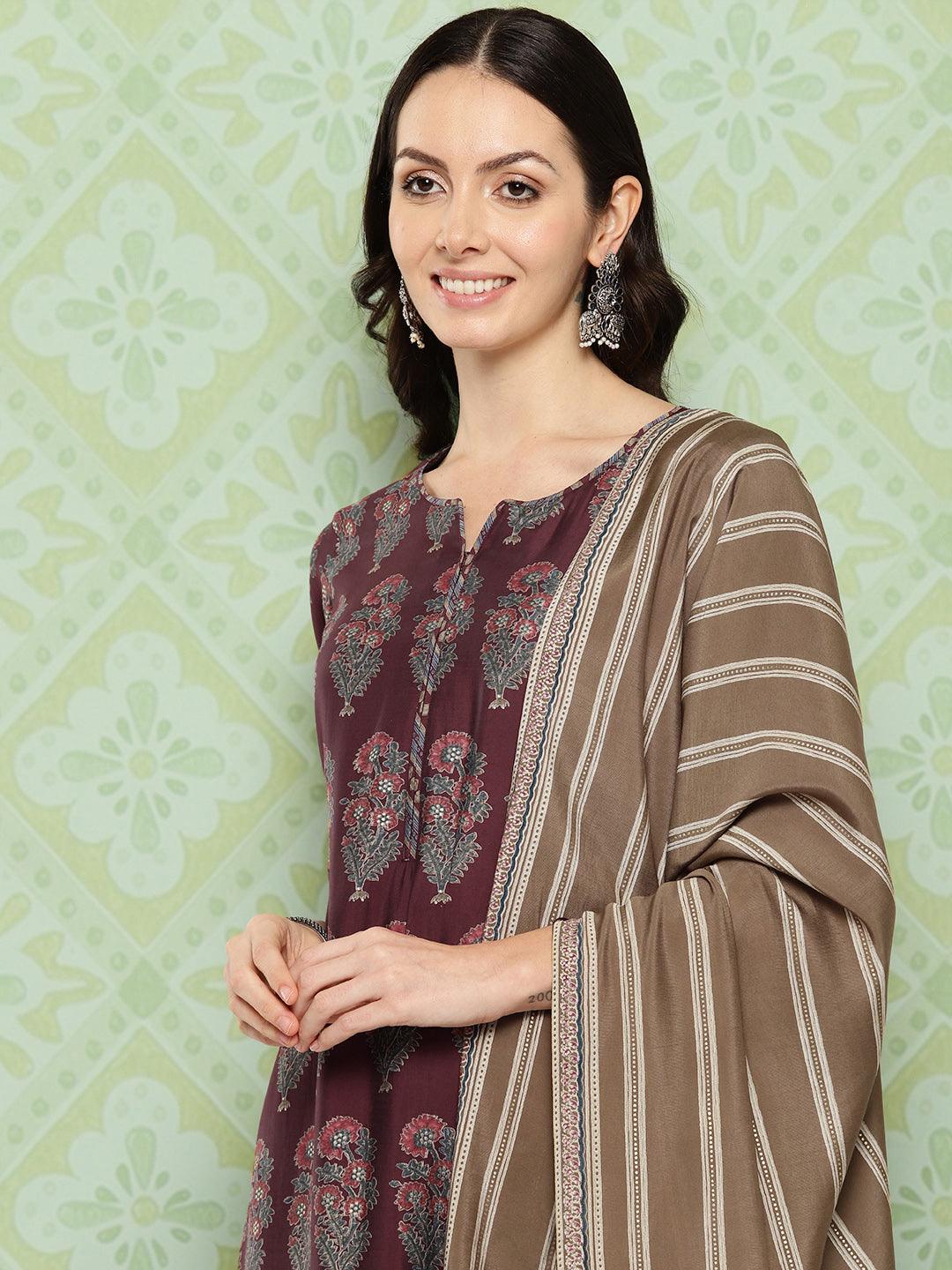 Maroon Printed Silk Blend Straight Kurta With Trousers & Dupatta - ShopLibas 